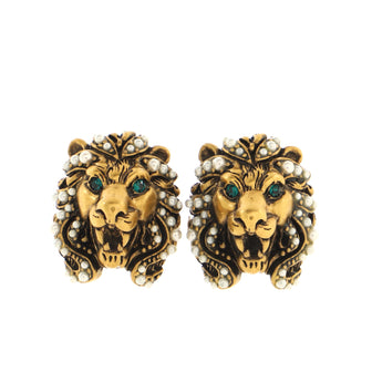 Gucci Lion Head Clip-On Earrings Metal with Faux Pearls and Crystals