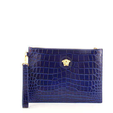 Versace Palazzo Medusa Zip Wristlet Pouch Crocodile Embossed Leather Large