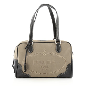 Prada Logo Bauletto Handbag Canvas with Leather Medium Neutral