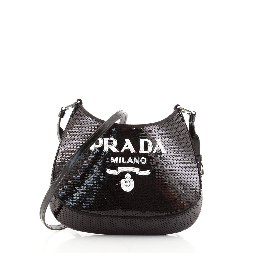 Cleo Small Sequined Shoulder Bag in Black - Prada