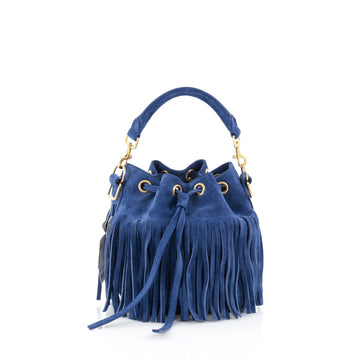 Saint Laurent Fringe Emmanuelle Bucket Bag Suede Small Blue
