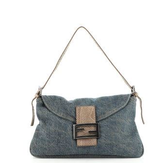 Fendi Round Flap Baguette Denim with Snakeskin Medium