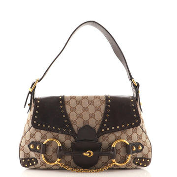 Gucci Horsebit Flap Shoulder Bag GG Canvas with Studded Leather Medium