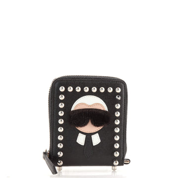 Fendi Karlito Zip Around Wallet Studded Saffiano Leather Compact