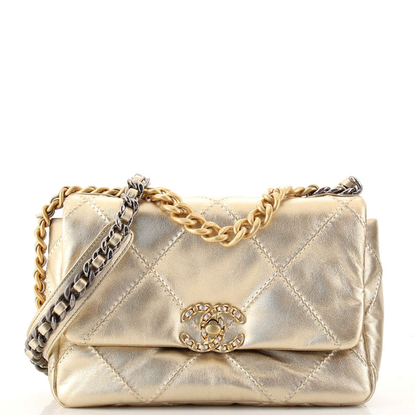 Chanel 19 Flap Bag Stitched Metallic Goatskin Medium Gold 1473041