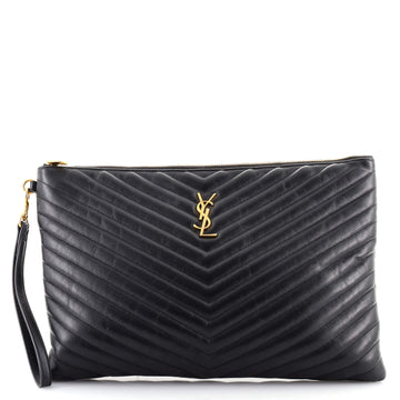 Saint Laurent Classic Monogram Wristlet Pouch Matelasse Chevron Leather Large