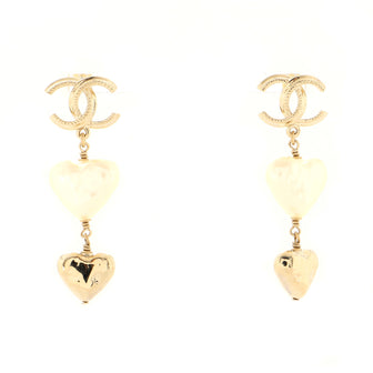 Chanel CC Pearl Double Heart Drop Earrings Metal with Resin