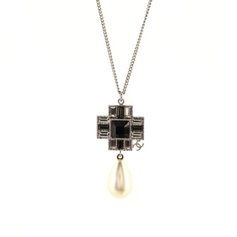 Chanel CC Cross Teardrop Pendant Necklace Metal with Crystals and Faux Pearl
