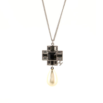 Chanel CC Cross Teardrop Pendant Necklace Metal with Crystals and Faux Pearl