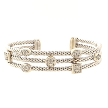 David Yurman Three Row Confetti Cable Cuff Bracelet Sterling Silver with Diamonds
