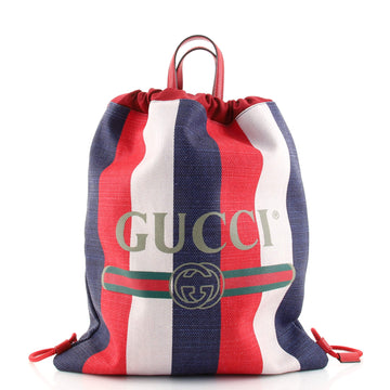 Gucci Logo Drawstring Backpack Striped Canvas Large