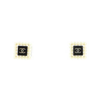 Chanel CC Square Stud Earrings Resin with Crystals and Faux Pearls