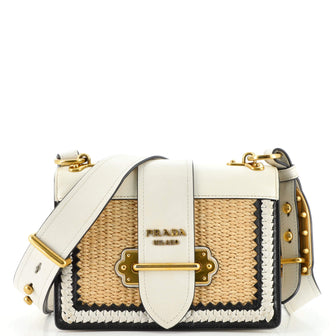 Prada Cahier Crossbody Bag Leather and Straw Small