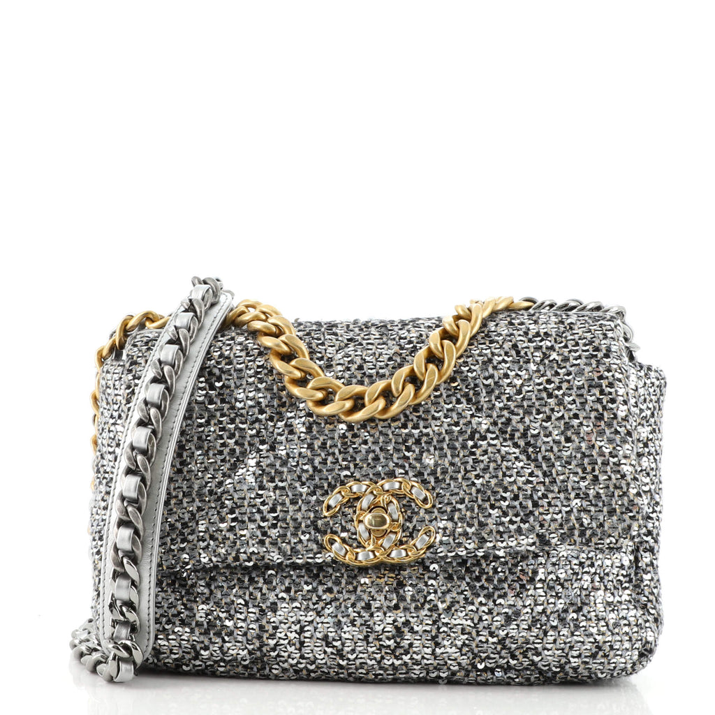 Chanel 19 Flap Bag Quilted Sequins Medium Silver 1485731