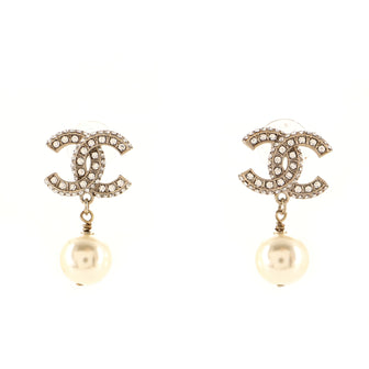 Chanel CC Drop Earrings Metal with Crystals and Faux Pearls