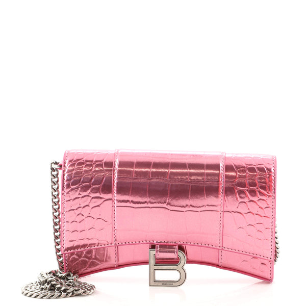 Balenciaga Hourglass Crocodile Embossed Chain Wallet Pink