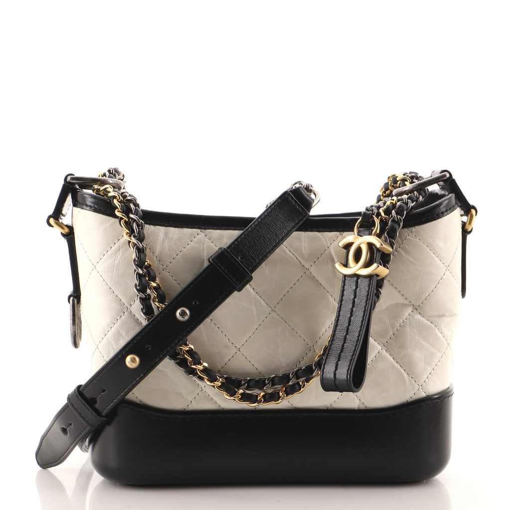 Chanel Gabrielle Quilted Aged calf leather Beige Black Hobo Bag