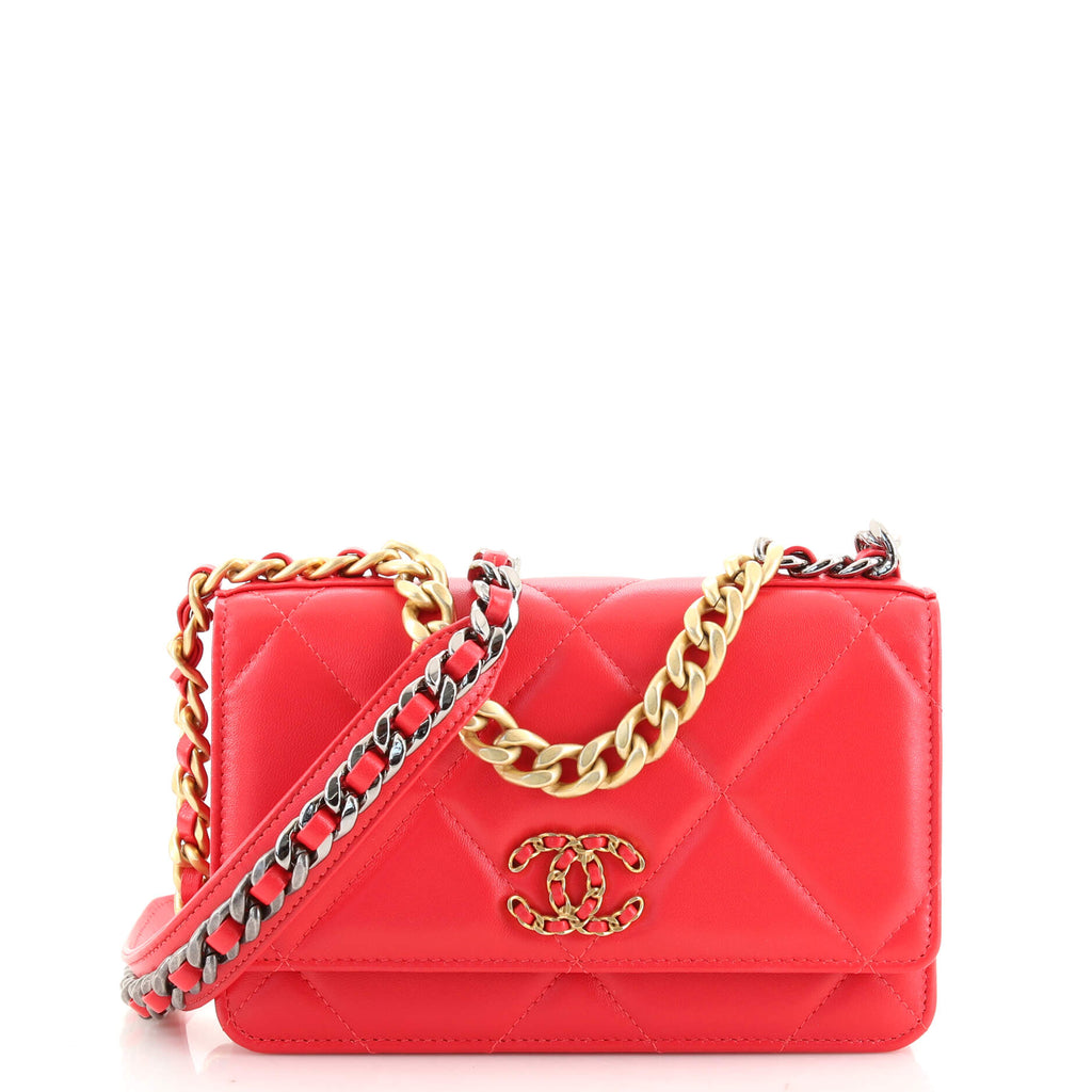 CHANEL Goatskin Quilted Chanel 19 Wallet On Chain WOC Red 503448