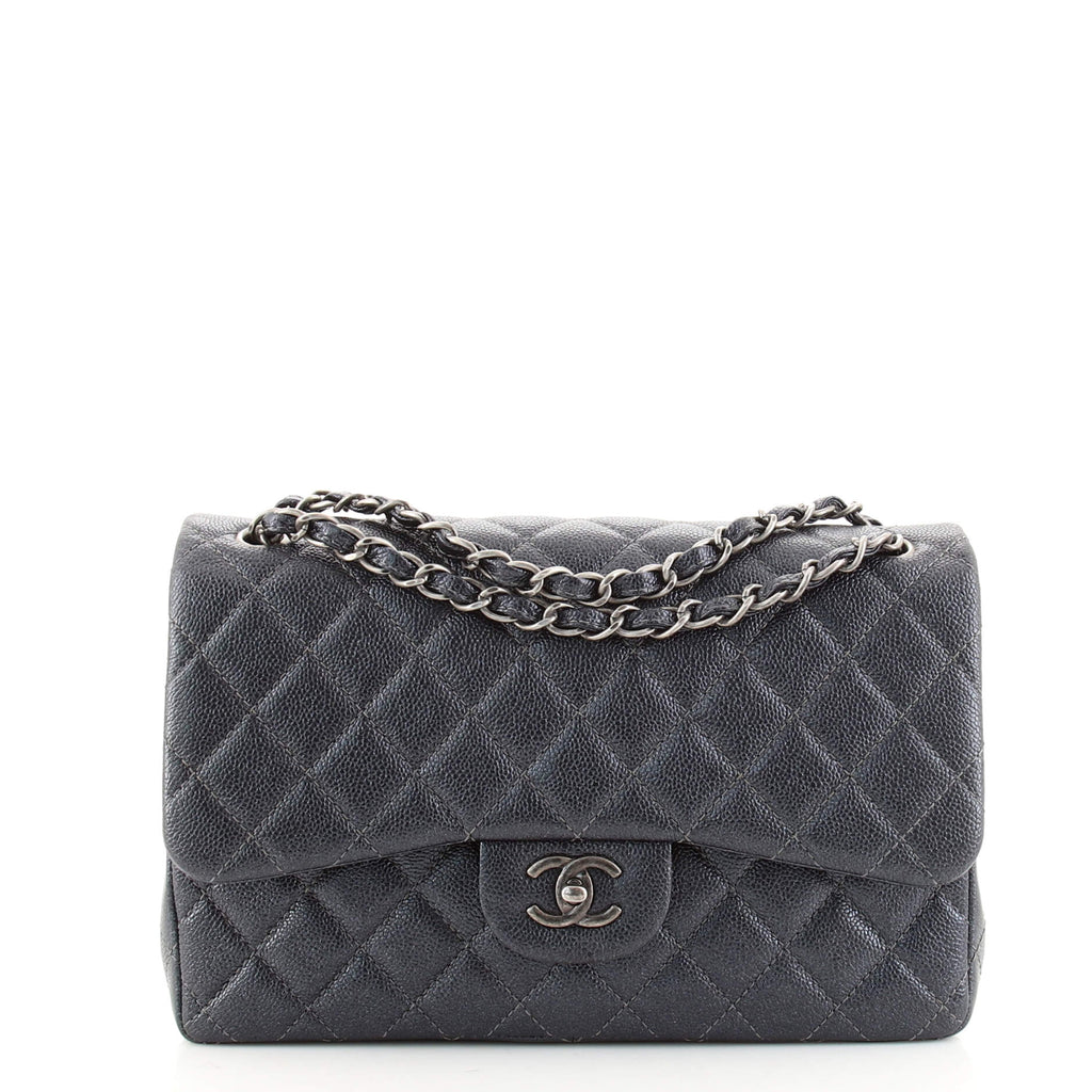 Chanel Classic Double Flap Bag Quilted Iridescent Caviar Jumbo Blue 1490101