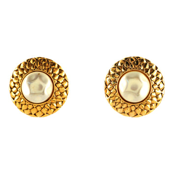 Chanel Vintage Round Clip-On Earrings Metal with Faux Pearl