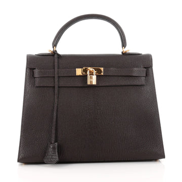 Hermes Kelly Handbag Black Chevre de Coromandel with Gold Hardware 32 brown