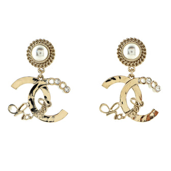 Chanel Coco Script CC Drop Earrings Metal with Faux Pearls and Crystals