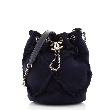 Chanel Fringed CC Drawstring Bucket Bag Quilted Suede Small