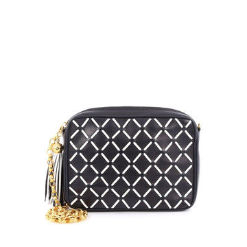 Chanel Vintage Contrast Stitch Camera Bag Woven Leather Medium Blue