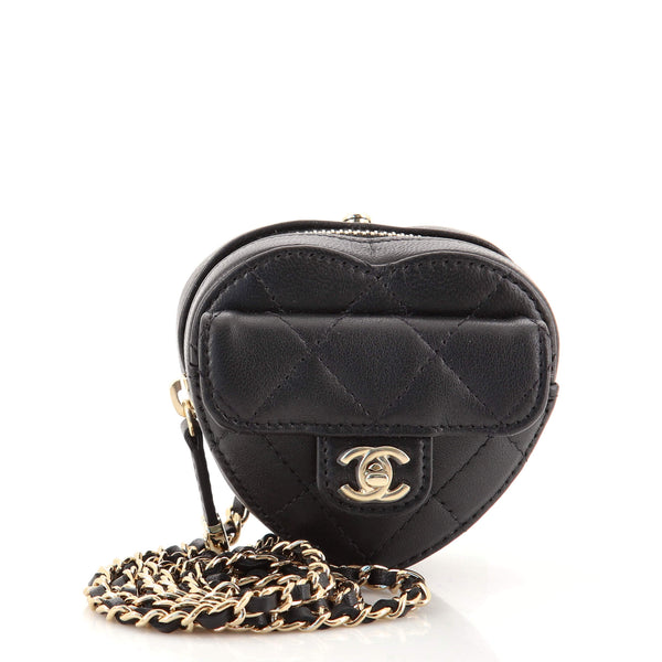 Chanel CC in Love Heart Chain Necklace Zip Coin Purse Quilted Lambskin Black  1496831