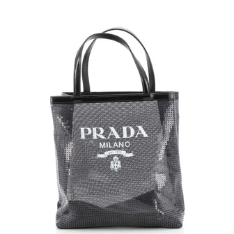 Prada Logo Convertible Tote Sequined Mesh Small