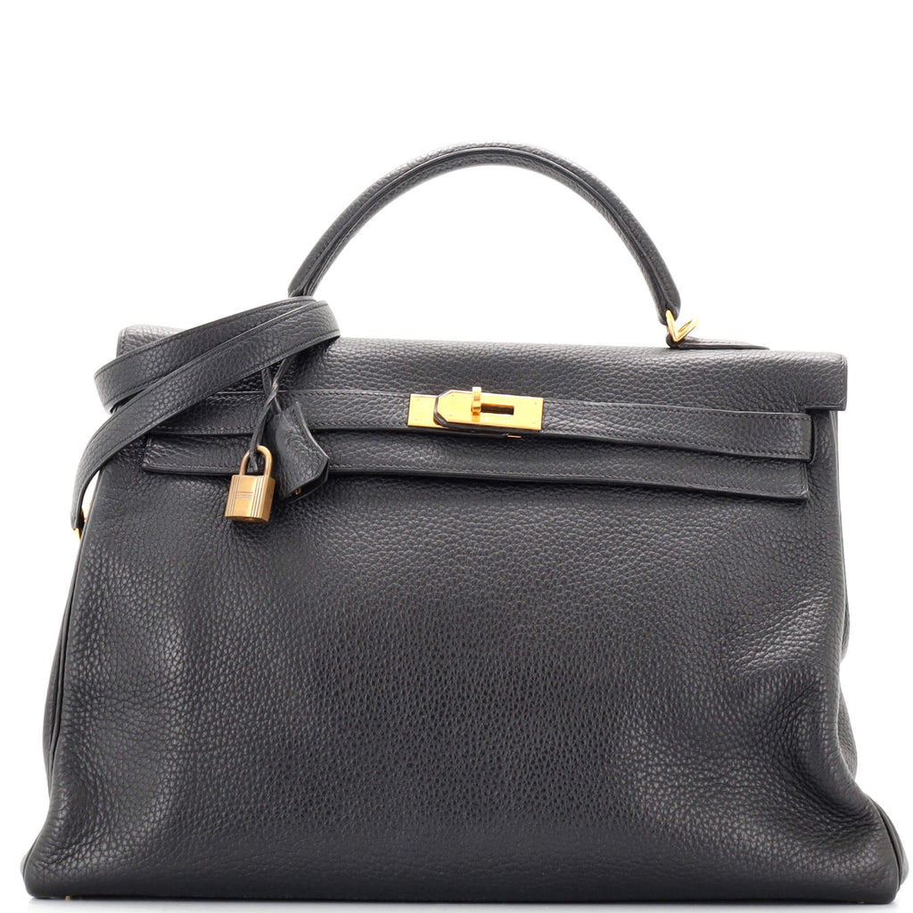 Hermes Kelly Handbag Black Clemence with Gold Hardware 40 Black