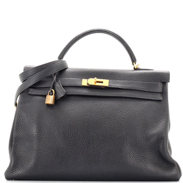 Hermes Kelly Handbag Black Clemence with Gold Hardware 40