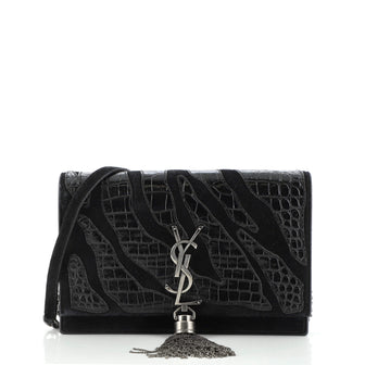 Saint Laurent Classic Monogram Tassel Chain Wallet Suede with Crocodile Embossed Leather Detail
