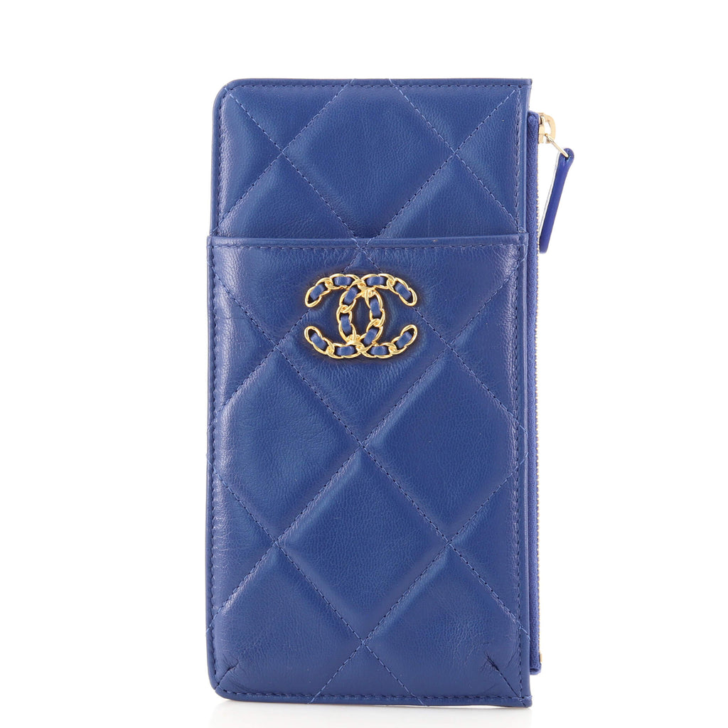 Chanel 19 Vertical Phone Case Pouch Quilted Goatskin Blue 149902242