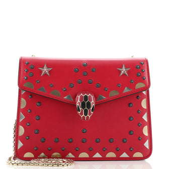 Bvlgari Serpenti Forever Square Shoulder Bag Studded Laser Cut Detail Leather Small