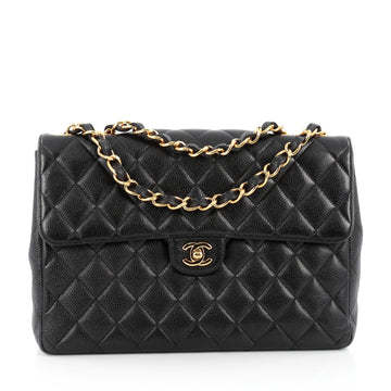 Chanel Vintage Square Classic Single Flap Bag Quilted Caviar Jumbo Black