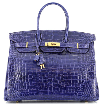 Hermes Birkin Handbag Blue Shiny Porosus Crocodile with Gold Hardware 35