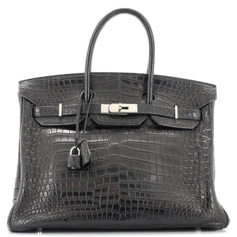 Hermes Birkin Handbag Black Matte Porosus Crocodile with Palladium Hardware 35