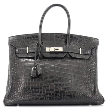 Hermes Birkin Handbag Black Matte Porosus Crocodile with Palladium Hardware 35