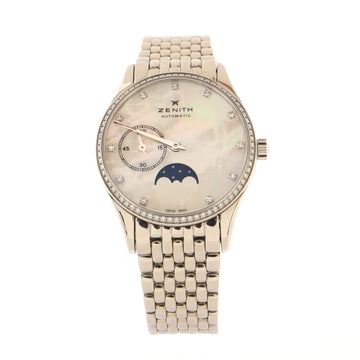 Zenith Elite Ultra Thin Moonphase Automatic Watch Stainless Steel and Mother of Pearl with Diamond Bezel and Markers 33