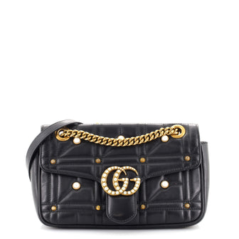 Gucci Pearly GG Marmont Flap Bag Embellished Matelasse Leather Small