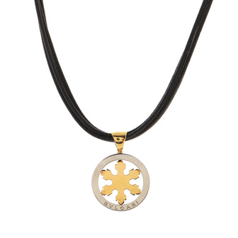 Bvlgari Tondo Snowflake Pendant Necklace 18K Yellow Gold and Stainless Steel with Leather