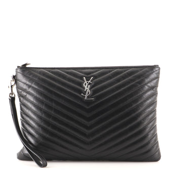 Saint Laurent Classic Monogram Wristlet Pouch Matelasse Chevron Leather Medium