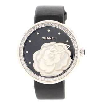 Chanel Mademoiselle Prive Quartz Watch White Gold and Satin with Diamond Bezel and Dial and Mother of Pearl and Onyx 37.5