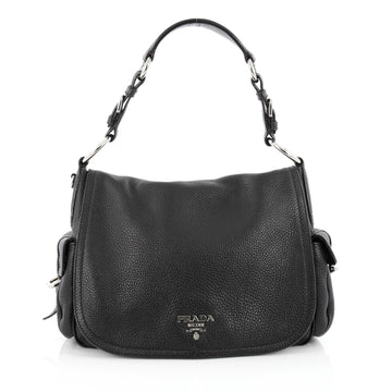 Prada Side Pocket Flap Shoulder Bag Vitello Daino Medium black