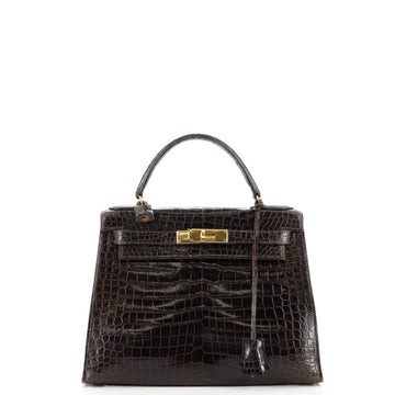 Hermes Kelly Handbag Brown Shiny Porosus Crocodile with Gold Hardware 28