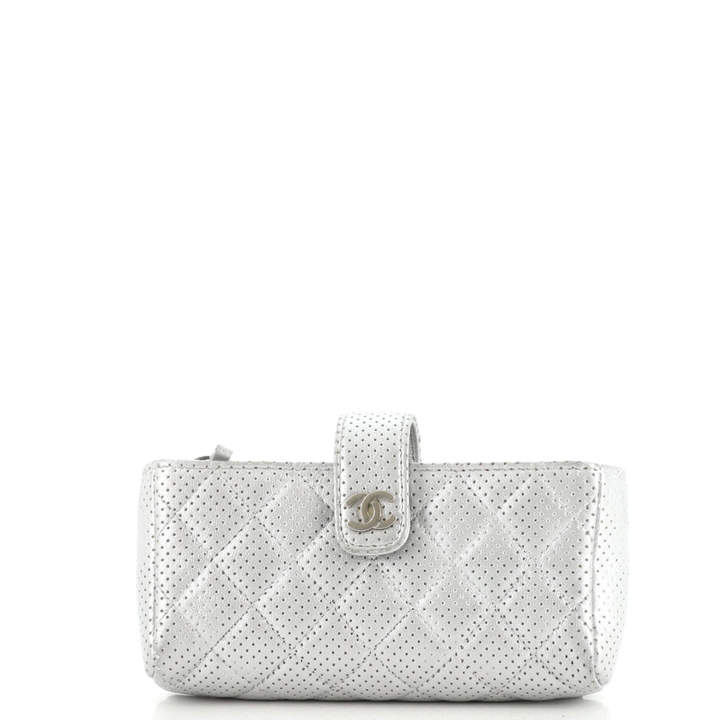 Chanel Chain Phone Holder Crossbody Bag Quilted Perforated Lambskin Mini  Silver 1507011