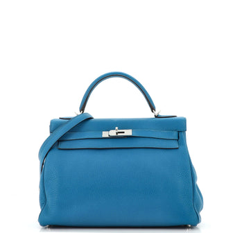Hermes Kelly Handbag Blue Clemence with Palladium Hardware 32