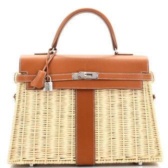 Hermes Picnic Kelly Handbag Brown Barenia and Wicker with Palladium Hardware 35