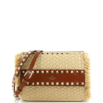Valentino Rockstud Front Handle Flap Bag Raffia and Leather Small